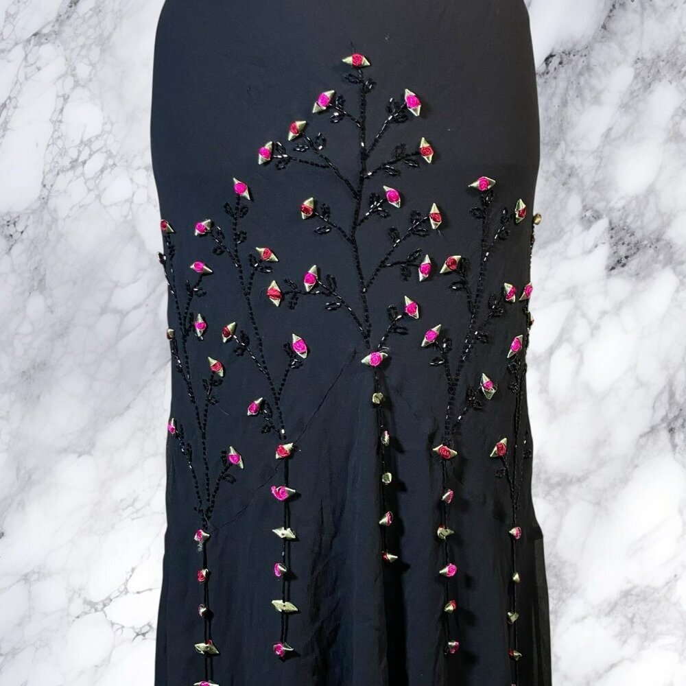 VTG Sue Wong Silk Fit and Flare Midi Rosette Dress in Black - Picture 7 of 13